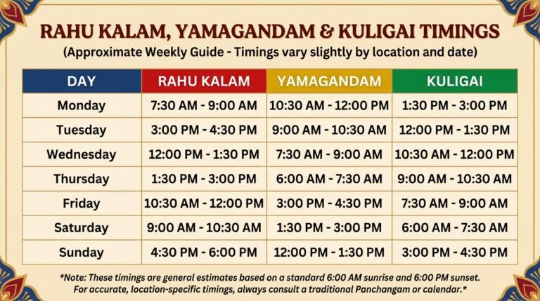 Rahu Kalam, Yamagandam & Kuligai Timings by Day